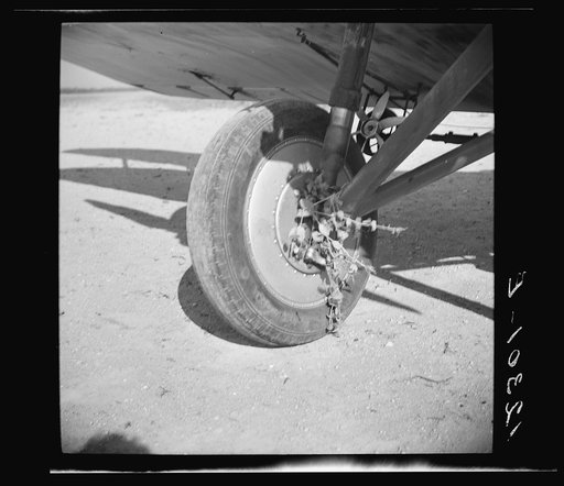 Beans caught in wheel of spraying plane. These planes must fly so low that their backwash turns the plants over while the spray settles. The small propeller behind the wheel spreads the "dust." Seabrook Farms, between Bridgeton and Vineland, New Jersey