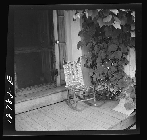 Chair with tatted cover and tarring tools. Middlebury, Vermont