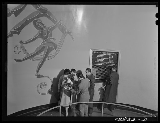 Chevy Chase Ice Palace, Washington. D.C. Skaters purchasing tickets before entering ballroom