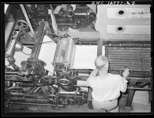 Washington, D.C. Rotary postage stamp printing press showing gum fountain and electrical drying units at the United States Bureau of Engraving and Printing