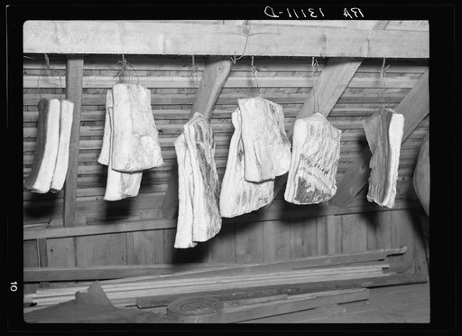 A homesteader's supply of pork, butchered and cured by himself on the Arthurdale project. Reedsville, West Virginia