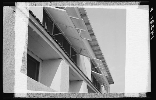 Apartment building, Chandler tract. View of louvers. Adobe construction.  Arizona