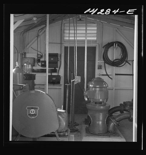 Sanitary plant, sewage pumps. Visalia migratory labor camp, California