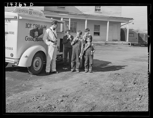 Good Humor man comes to trailer camp on Saturday afternoon. These children are sons of torpedo plant workers in Alexandria, Virginia
