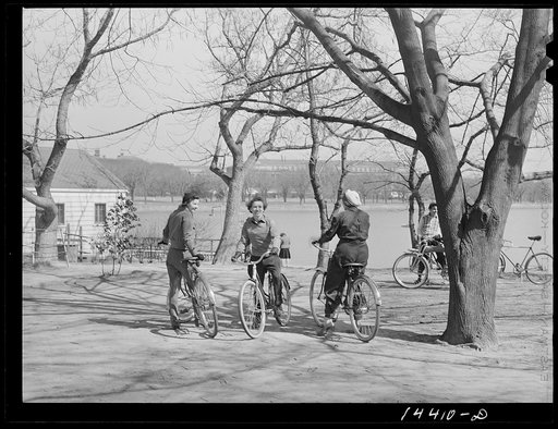 Government stenographers bicycling on Sunday. Tidal Basin, Washington, D.C.