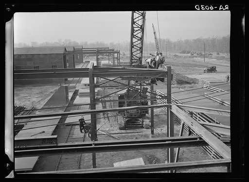 Hightstown, New Jersey. View of metal sheds and slab platforms. These will be used in the manufacture of concrete slabs to be used in the construction of the houses at the Jersey Homesteads. A U.S. Resettlement Administration subsistence homestead project
