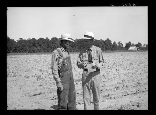 Untitled photo, possibly related to: Resettlement Administration rehabilitation loan supervisor talking with client on potato raising problems. Near Batesville, Arkansas