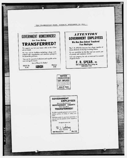 Washington, D.C. Newspaper advertisements of real estate opportunities for government employees during the war emergency
