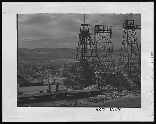 Butte, Montana. Anaconda Copper Mining Company. The town is dominated by headframes of various copper mines