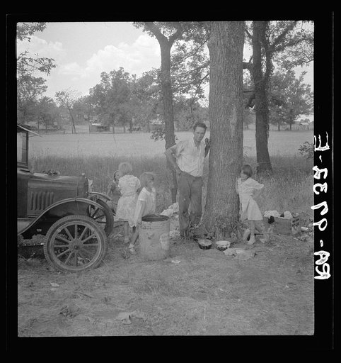 Untitled photo, possibly related to: Migrant family from Oklahoma in Texas. A family of six alongside the road. An example of how they fall between the relief agencies. The father, aged thirty-five, is an intelligent fellow, a painter by trade. Advanced tuberculosis, victim of an occupational diseas