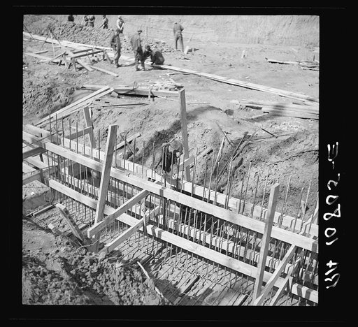 Untitled photo, possibly related to: Constructing forms for pouring concrete. Martin Company development project. Indiana