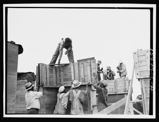 Rammed earth construction near Birmingham, Alabama. Forms sections should not be larger than can be handled by a crew of three or four men