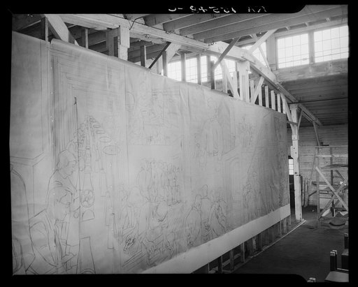 Untitled photo, possibly related to: Mural painted by Ben Shahn at the community building. Hightstown, New Jersey