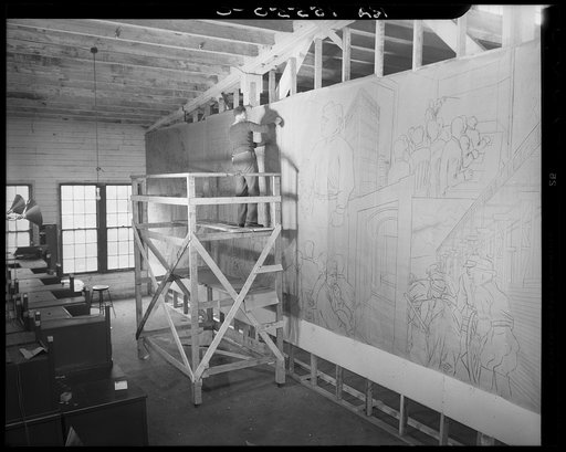 Untitled photo, possibly related to: Mural painted by Ben Shahn at the community building. Hightstown, New Jersey