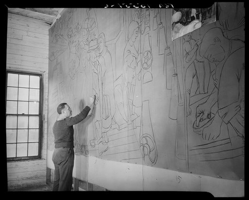Untitled photo, possibly related to: Mural painted by Ben Shahn at the community building. Hightstown, New Jersey