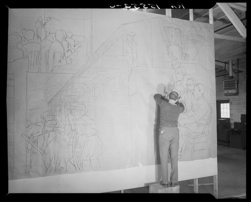 Untitled photo, possibly related to: Mural painted by Ben Shahn at the community building. Hightstown, New Jersey