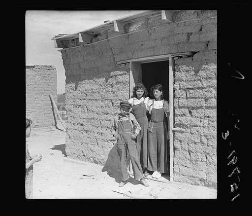 Two sisters and brother before their house. Great Western Sugar Company's beet sugar workers' colony at Hudson, Colorado. The father is dead, and the girls don't attend school because they're "too old," and the boy because he is "sick all the time"