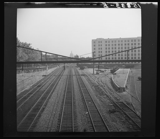 Railroad tracks with view of Capitol in background, Washington, D.C.