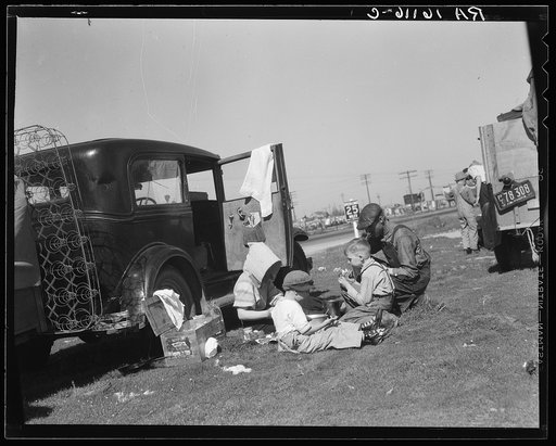Oklahomans bound for Oregon along a highway in California