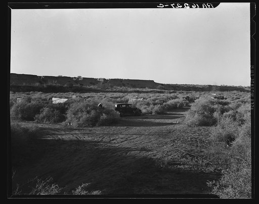 California migratory farm laborers, drought refugees from Oklahoma, camped in the brush on the river bottom with no water or sanitation. On the outskirts of Brawley. Imperial Valley, California