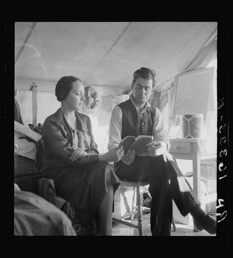 The Great Reaping Day. Hymn singing, Sunday afternoon. The woman had been "saved" the week before. Oklahoma potato pickers. Kern County, California
