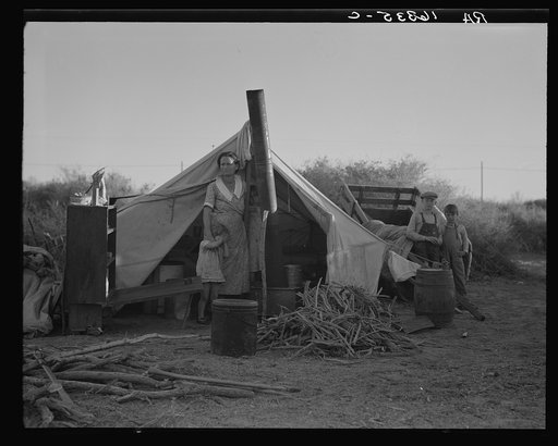 Unemployed family from the Rio Grande Valley, Texas, camped on a river bottom near Holtville, California