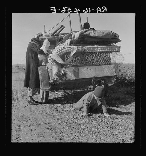 Tracy (vicinity), California. U.S. Highway 99. Missouri family of five, seven months from the drought area.