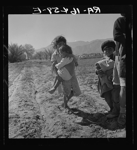 Children of migratory Mexican field workers. The older one helps tie carrots in the field. Coachella Valley, California