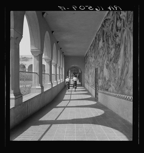High school showing part of Federal Art Project mural decoration. Fullerton, California