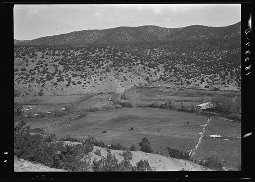 Outlying fields of Mexican village in the hills of the Tewa Basin, New Mexico