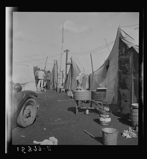 Orange pickers camp, Farmersville, Tulare County California. Rent: one dollar per week
