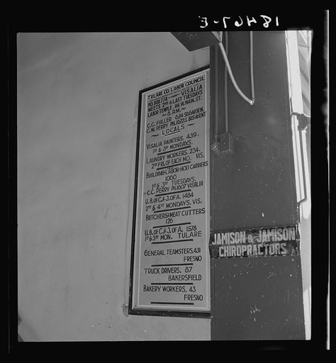 Note on existing labor organizations in a small agricultural town of California. Tulare County, California