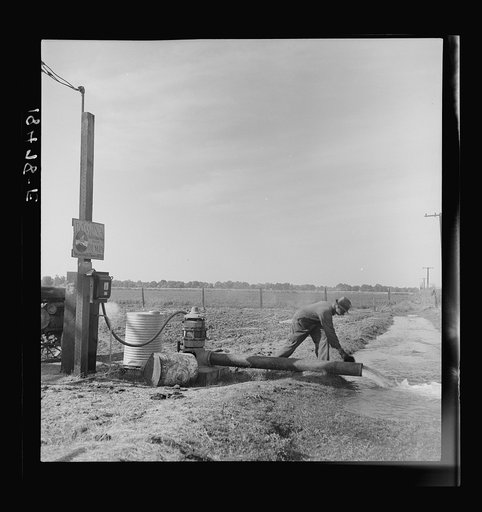 Irrigation pump on edge of field. Electric power typical of San Joaquin Valley farming. Tulare County, California