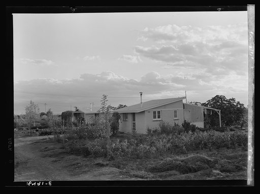 Type house at "Garden Homes," Kern County, California. Twenty such homes have been completed and are occupied on a tract adjoining the Arvin Migratory Labor Camp. Rent is eight dollars and twenty cents monthly, which includes electricity and water