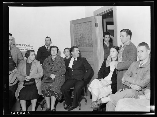 Untitled photo, possibly related to: Night meeting in the Farm Security Administration office, Rural Rehabilitation Division, Visalia, Tulare County, California. 144 families have applied for farm purchase loans under the Farm Tenancy Act, passed by Congress in 1937. Ten applicants from this region 