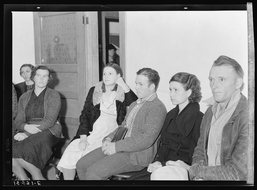 Untitled photo, possibly related to: Night meeting in the Farm Security Administration office, Rural Rehabilitation Division, Visalia, Tulare County, California. 144 families have applied for farm purchase loans under the Farm Tenancy Act, passed by Congress in 1937. Ten applicants from this region 