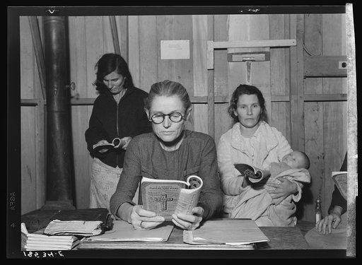 Singing hymns before opening of meeting of Mothers' Club at Arvin Farm Security Administration (FSA) camp for migrants, California