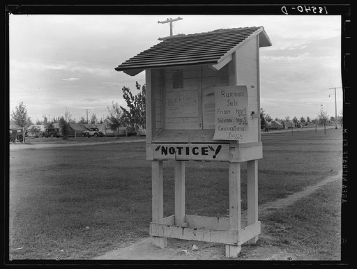 Campers' bulletin board near entrance of Shafter camp for migrant workers. California