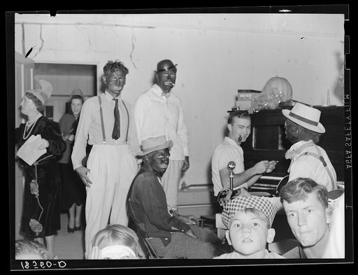 Untitled photo, possibly related to: Camp talent provides music for dancing at Shafter camp for migrants. Halloween party, Shafter, California