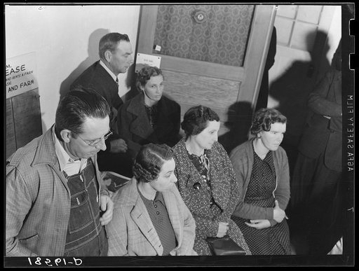 Untitled photo, possibly related to: Night meeting in the Farm Security Administration office, Rural Rehabilitation Division, Visalia, Tulare County, California. 144 families have applied for farm purchase loans under the Farm Tenancy Act, passed by Congress in 1937. Ten applicants from this region 
