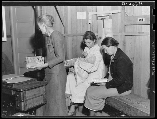 Hymn singing at meeting of Mothers' Club in Arvin migrant camp. California