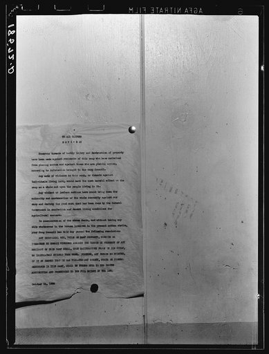 Untitled photo, possibly related to: Close-up of campers' bulletin board, Shafter camp for migrants, California, during the cotton strike