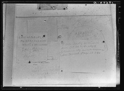 Bulletin board in Shafter migrant camp, California. Many become discouraged, see no hope or future in California and return to their home states