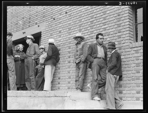 Mexicans, field laborers, on strike in cotton picking season, apply to Farm Security Administration (FSA) for relief. Bakersfield, California