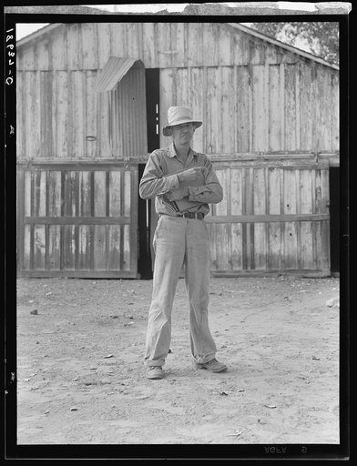 Small cotton farmer, Kern County, California. He leases the land, and pays 1/4 of the crop for rent, also pays the water bill (irrigation). "It's come to that there's not going to be any more small farms in California. The big fellows have got us all with a ring in our nose. You take the small farme