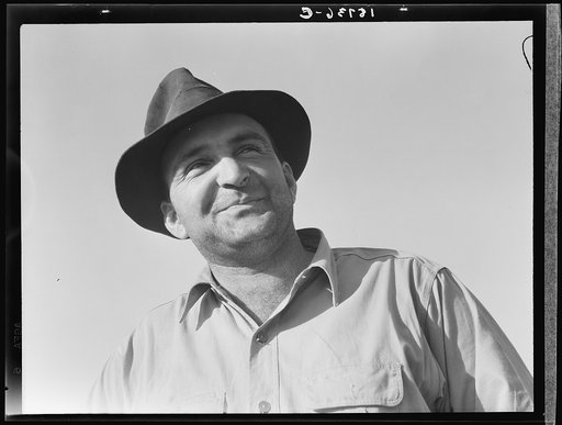 Untitled photo, possibly related to: November 17, 1938. Near Stockton, California. One of six successful applicants out of seventy-five. Purchasing farm under Bankhead-Jones Act. "When a feller is in it for himself, if he makes it, it's his. If he don't make it, it's his fault alone"