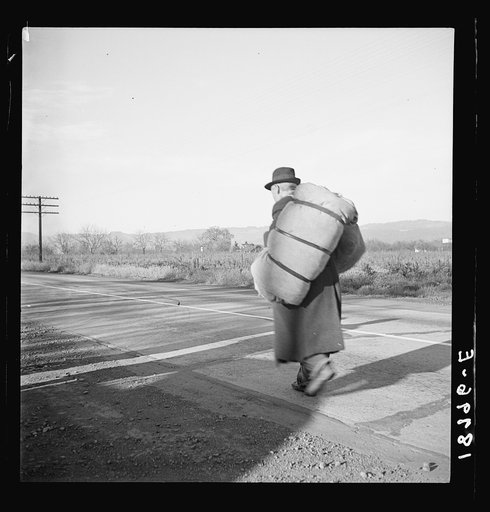Untitled photo, possibly related to: Napa Valley, California. More than twenty-five years a bindle-stiff. Walks from the mines to the lumber camps to the farms. The type that formed the backbone of the Industrial Workers of the World (IWW) in California before the war. Subject of Carleton Parker's "
