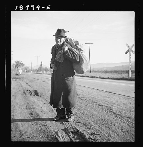Napa Valley, California. More than twenty-five years a bindle-stiff. Walks from the mines to the lumber camps to the farms. The type that formed the backbone of the Industrial Workers of the World (IWW) in California before the war. Subject of Carleton Parker's "Studies on IWW"