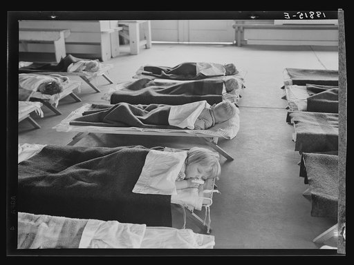 Untitled photo, possibly related to: Rest time in nursery school for migrant children at Shafter Camp, California