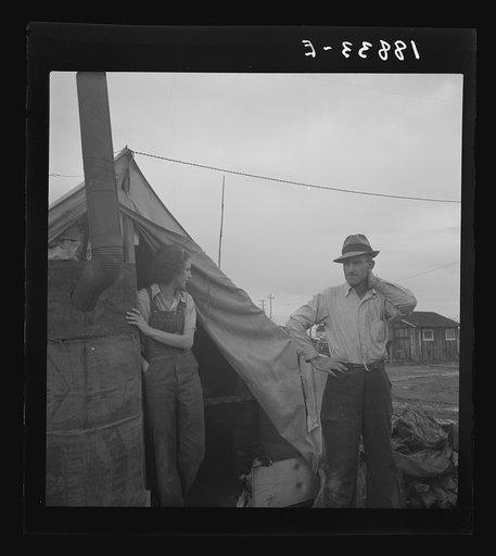 Untitled photo, possibly related to: Near Strathmore, California. From Wyoming and Missouri, eight years in California working in lemons "It's easy for us because we haven't got a bunch of kids to get drug around"